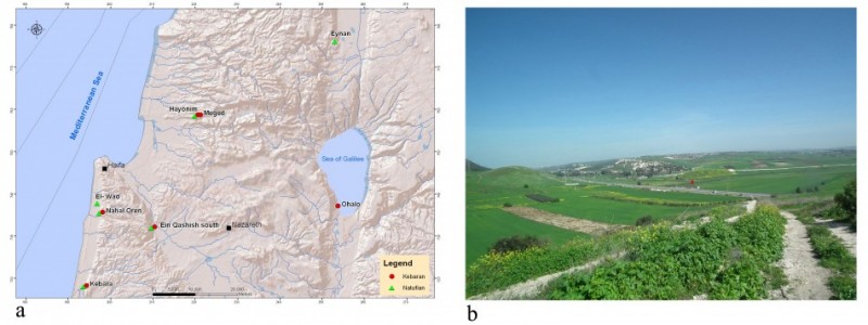 Figure 1. a): Map indicating the location of EQS and other Epipalaeolithic sites in the region; (b): view of the site from the piedmont of Mount Carmel, looking north. 